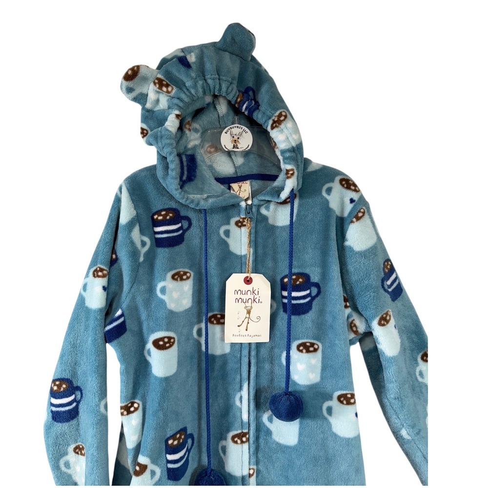 Munki Munki XS Blue Coffee Cup Print Hooded Plush One Piece Pajamas